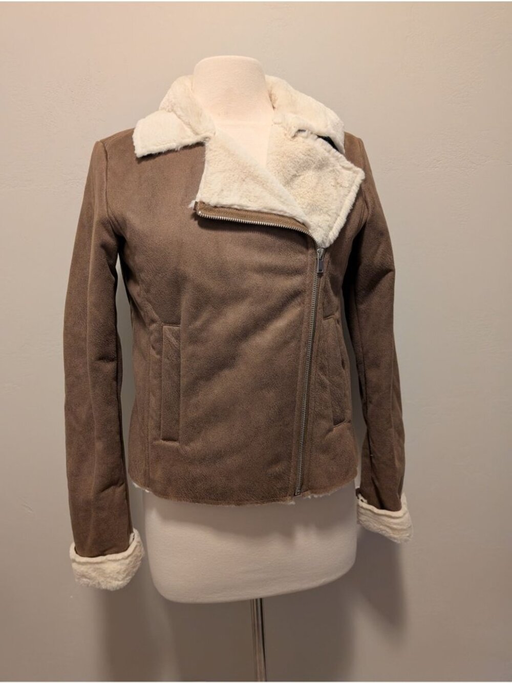 Altard State Brown Faux Suede Jacket With White Faux Fur Lining Size M